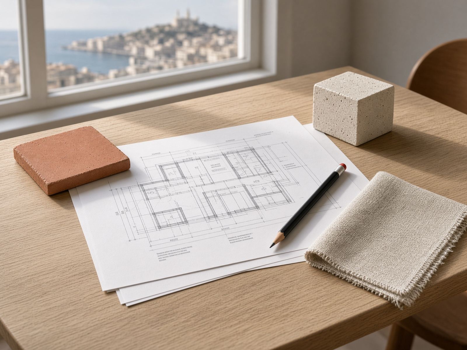 Plans et échantillons de matières pour une rénovation à Marseille