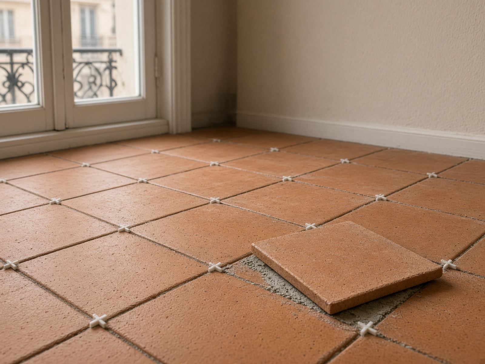Pose de carrelage terre cuite avec croisillons, Marseille