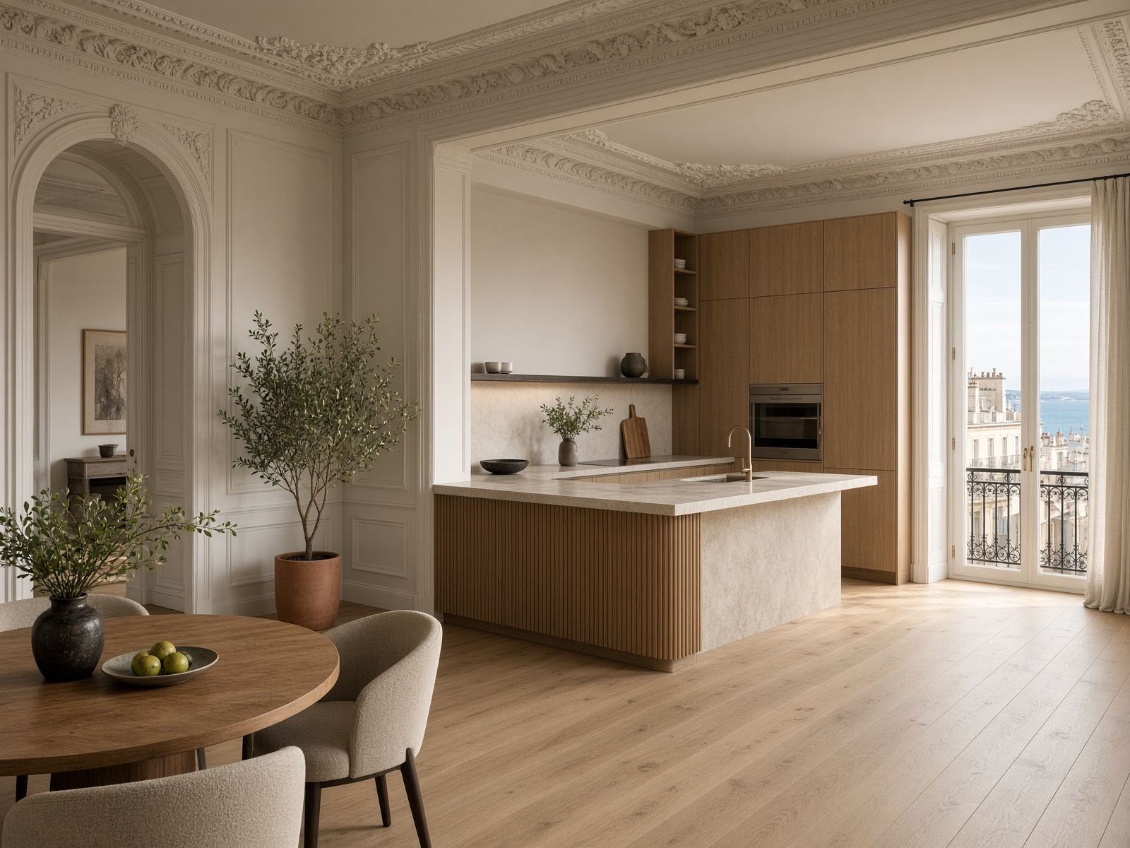 Séjour-cuisine rénové avec vue mer, Marseille