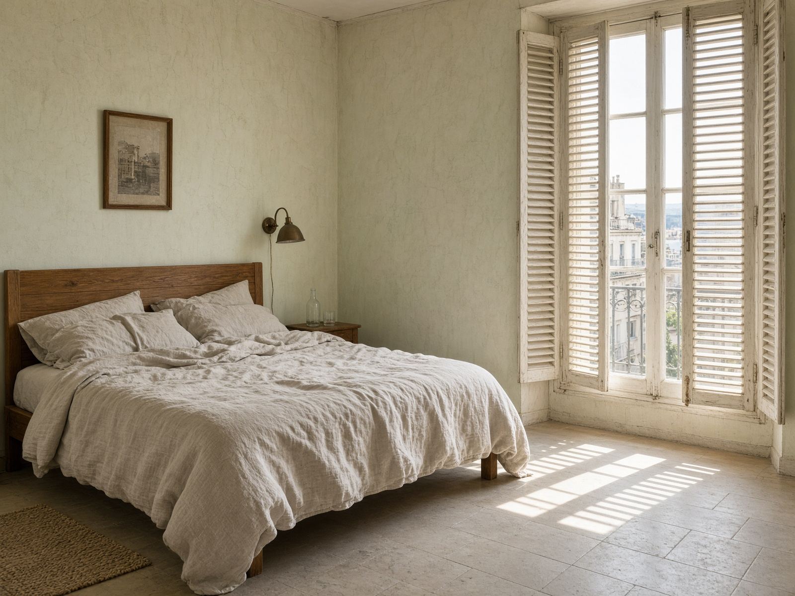 Chambre rénovée, lumière de persiennes, Cinq Avenues, Marseille